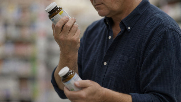 A man comparing two supplement bottles in the supplement aisle