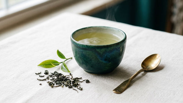 A warm cup of green tea and some looseleaf tea beside it