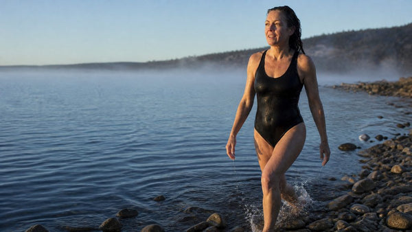 A woman walking out of the water after a cold morning swim