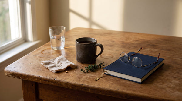 A rustic wooden table in warm natural light, styled with a dark ceramic mug, a glass of water, a crumpled napkin, a small sprig of herbs, and a blue hardcover book with eyeglasses resting on top.