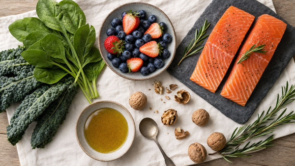 An assortment of foods good for brain health, including kale, spinach, salmon, and berries