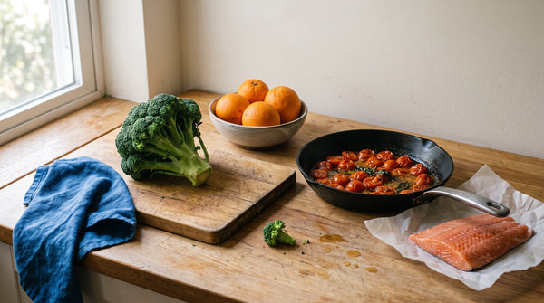 An assortment of foods that support healthy aging, including broccoli, oranges, cooked tomatoes, and salmon