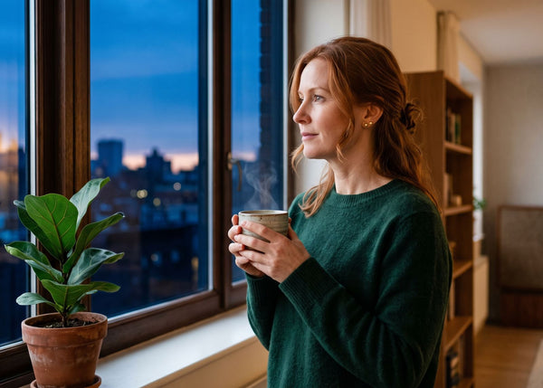 Red haired woman standing by the window at dusk with a cup of green tea